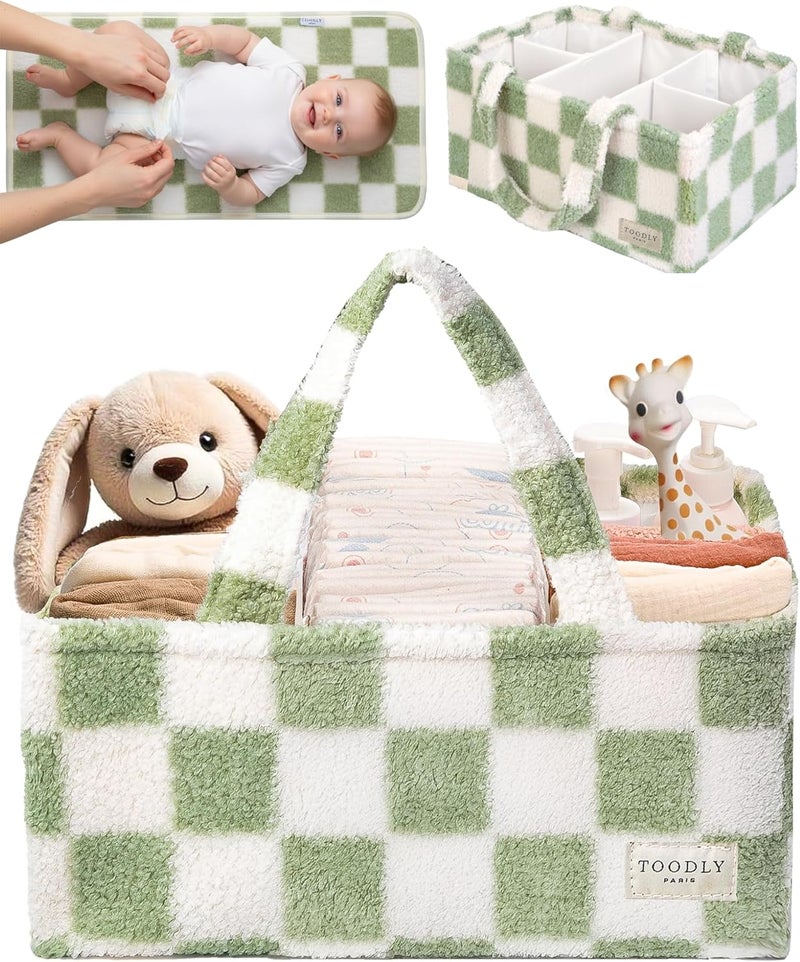 Toodly Checkered Diaper Caddy Organizer with Portable Changing Mat - Teddy Fleece Diaper Organizer for Changing Table - Caddy Organizer with Removable Dividers - Green and White - Image 1